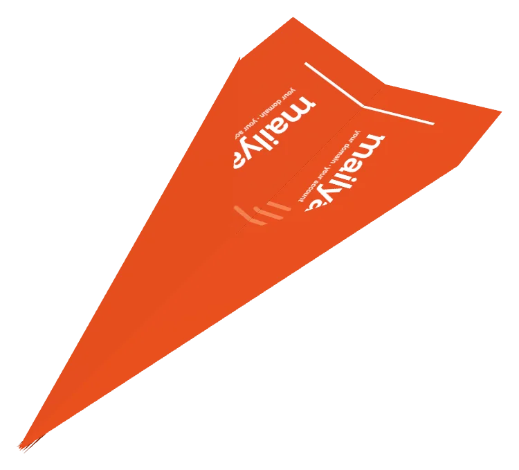 An ember paper plane folded from a letter, with mailyard printed on its wings.